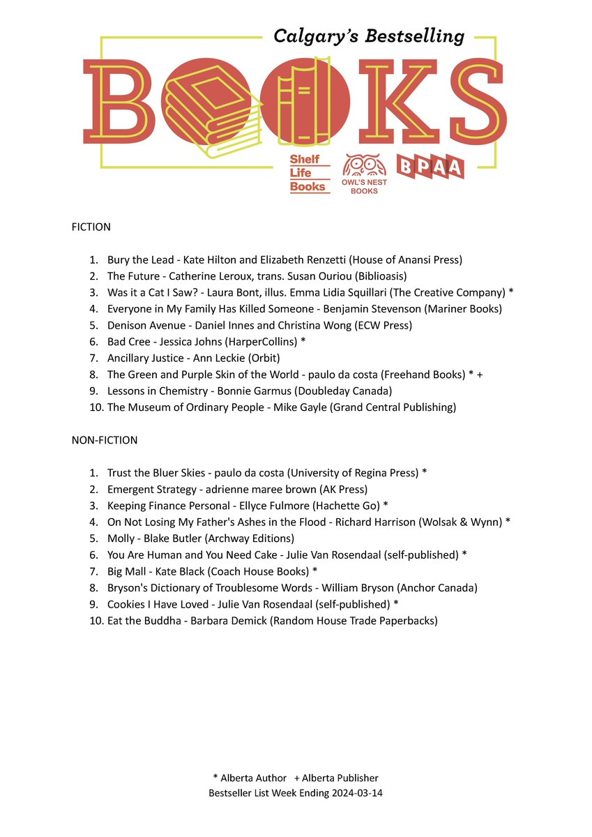 BPAA (@abbookpub) on Twitter photo Calgary's Bestselling Books for the week ending March 14! #ABbooks @owlsnestbooks @shelflifebooks <a href="/fhbooks/">Freehand Books</a> Calgary's Bestselling Books for the week ending March 14! #ABbooks @owlsnestbooks @shelflifebooks <a href="/fhbooks/">Freehand Books</a>