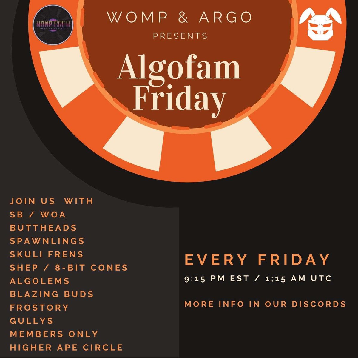 #Algofam Friday let’s get rowdy! 🪩 @AddictRabbit_G @SketchyBearsNFT @WizardsofAlgo @NFTButtHeads @SpawnlingsNFT @SkuliFrens @ShepNFTs @AlgolemNFTs @AlgoNFTBuddies @FrostoryNFTs @gullyalgo @AlgoMembers @HigherApeCircle #Algorand #AlgoLFG #WompCrew