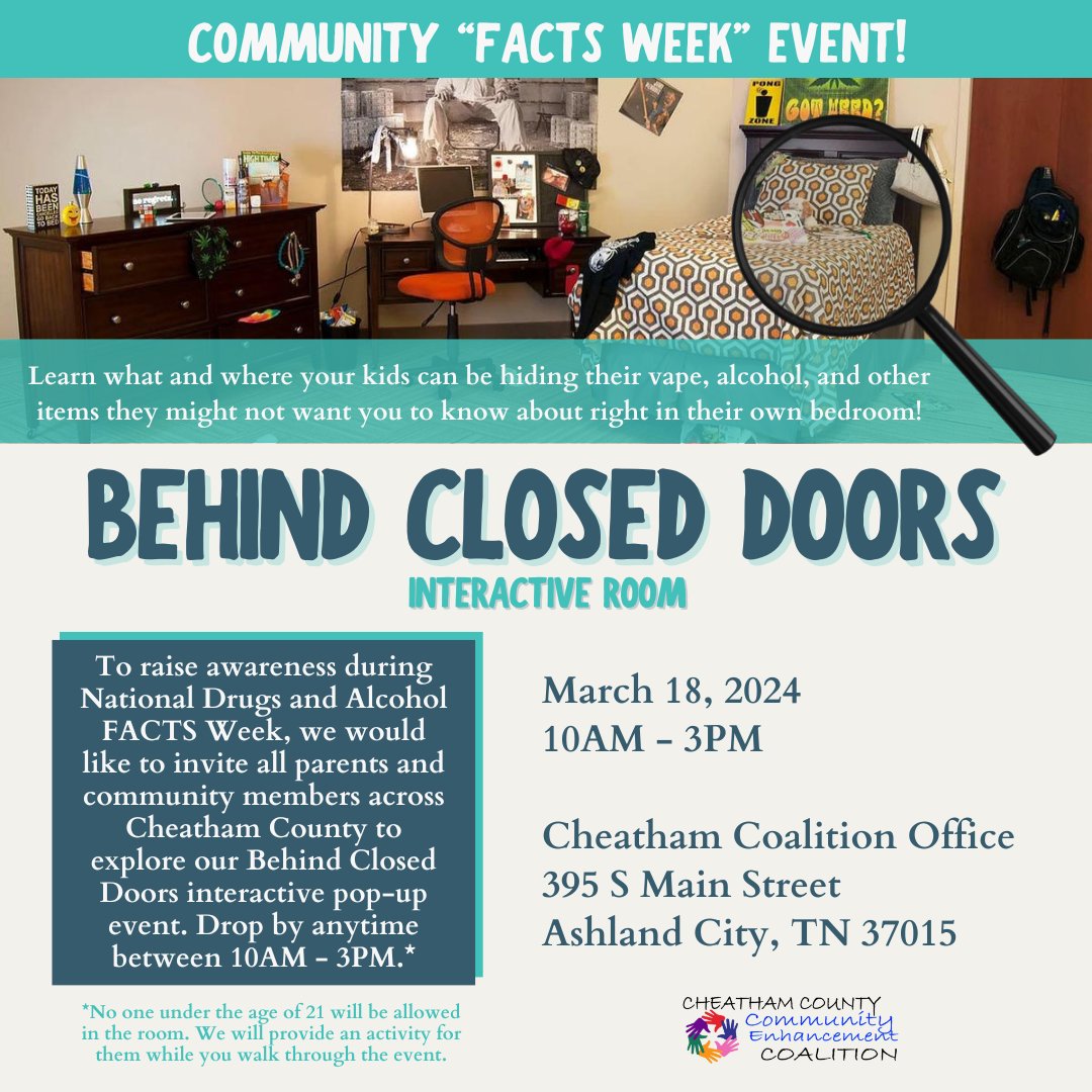As part of FACTS Week, the Coalition presents Behind Closed Doors Interactive Room! ✨ Join us on March 18th, from 10 AM to 3 PM, and let's build awareness, understanding, and support. #CheathamCountyTN #tdmhsas #ccsdtn #FACTSWeek #BehindClosedDoors