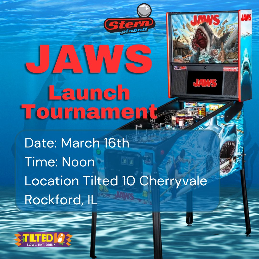 Get ready for the Jaws Launch Tournament celebrating  newest pin!!
Date: Sat. March 16
Time: Noon
Location: Tilted 10 CherryVale in Rockford, IL

#sternarmy #pinball #rockfordil #rockford #jaws #sternpinball