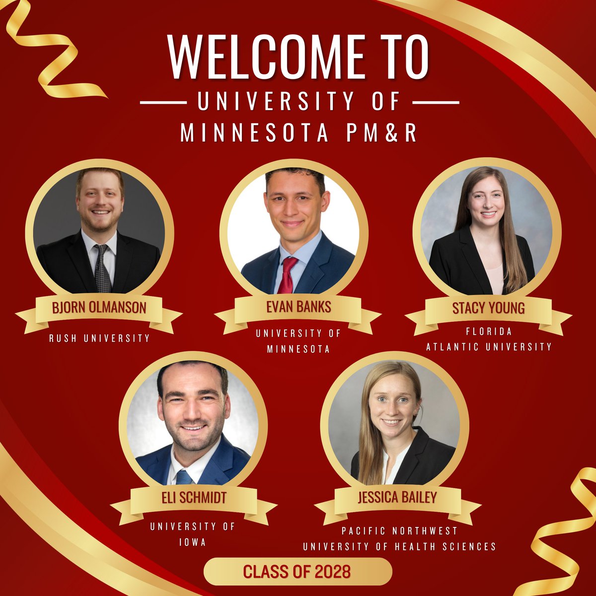 🎉 Please give a WARM MINNESOTA WELCOME to the @GopherPMR Class of 2028! 🤩 We are incredibly excited to welcome these five soon-to-be 🌟 exceptional physiatrists 🌟 to the University of Minnesota PM&R family! #pmr  #rehab #MatchDay2024 #match2024 #Physiatry #GoGophers (1/2)