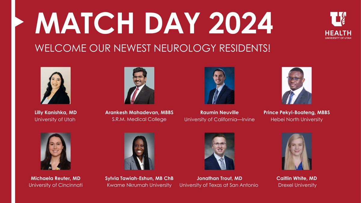 It's a match! ✨🎉 

We are thrilled to announce the newest additions to our residency program. Welcome to the Department of #Neurology! 

<a href="/UofUNeuroRes/">U of U Neurology Residency</a> #MatchDay2024 #NeurologyMatch #ResidencyMatch