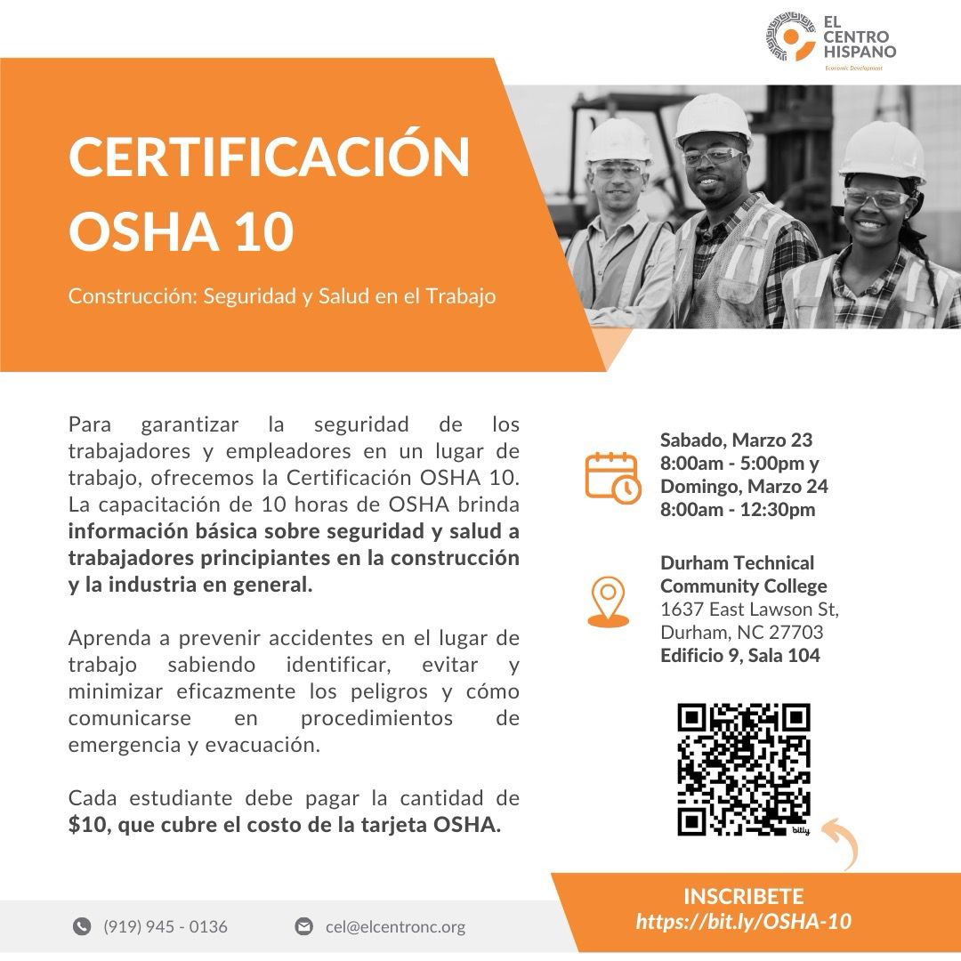 El Centro Hispano ofrece certificación OSHA 10 revistalatinanc.com/2024/03/15/el-… via @REVISTA LATINA @CentroHispanoNC