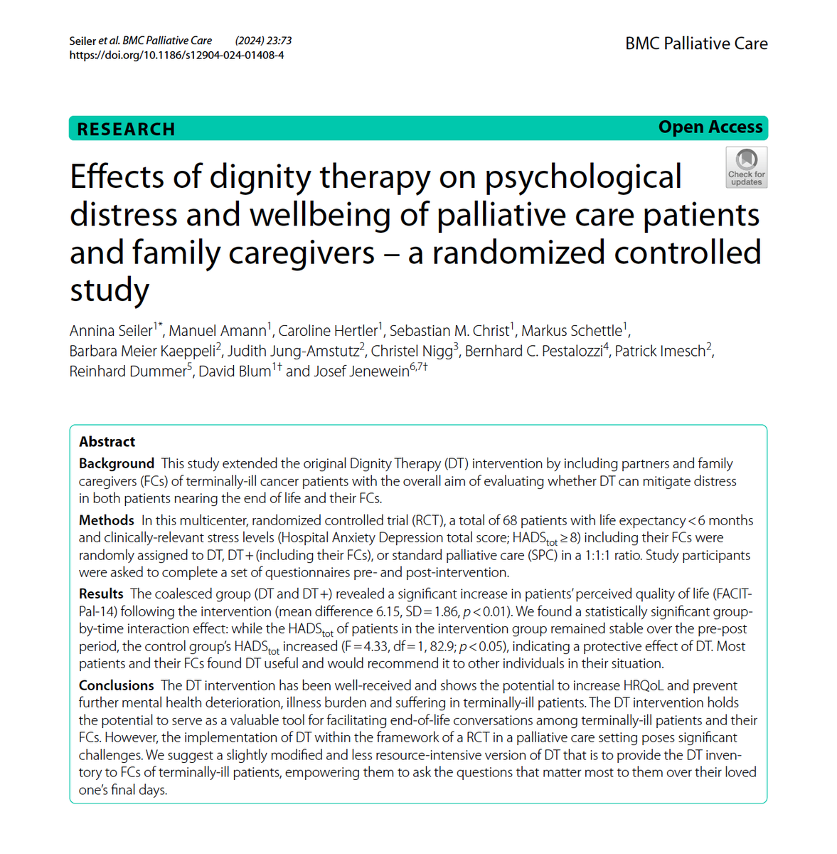 HMChochinov's tweet photo. Most recent evidence on Dignity Therapy. @virtualhospice @IPOSPsychoOncol @CAPO_ACOP @CancerCareMB @CCMB_Research @UM_RadyFHS @CAPCpalliative @CicelySaunders1 @CSI_KCL @CSPCP_SCMSP @whpca @CdnMedHallFame @AAHPM @CanadianHPCAssn @EAPCvzw @WHO #DIGNITY #DignityTherapy https://t.co/fYmW4lTamF