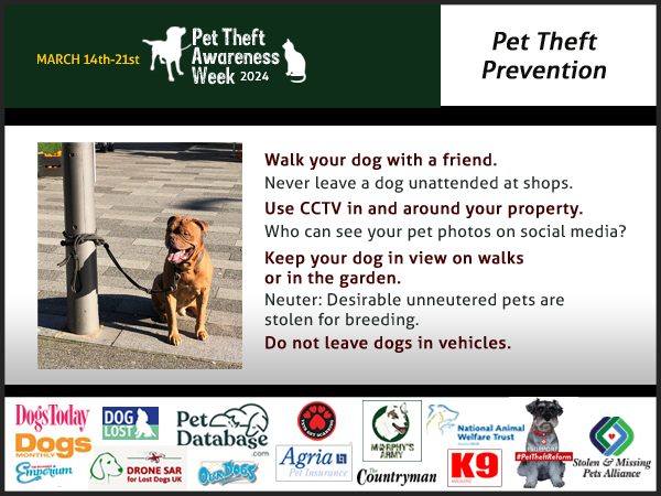 #PetTheftAwarenessWeek Pet Theft Prevention 
Where are pets vulnerable? Keep cats in at night. 
Never leave your dog unattended in the garden or outside shops Stay fully focused whilst walking dogs and keep them in sight. Organised dog thieves will steal from targeted burglaries.