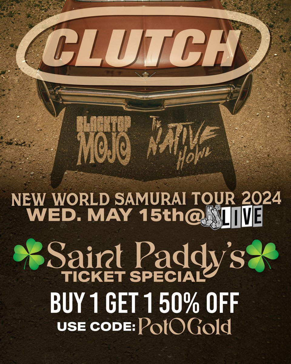 We’re running a deal for the Clutch show! But One Get One 50% Off with the code ‘PotOGold’ at checkout. Code can be used for GA, ADA, and Pit ONLY. Offer ends next Friday 3/22 at 11:59pm stubs.net/tickets/5778/c…