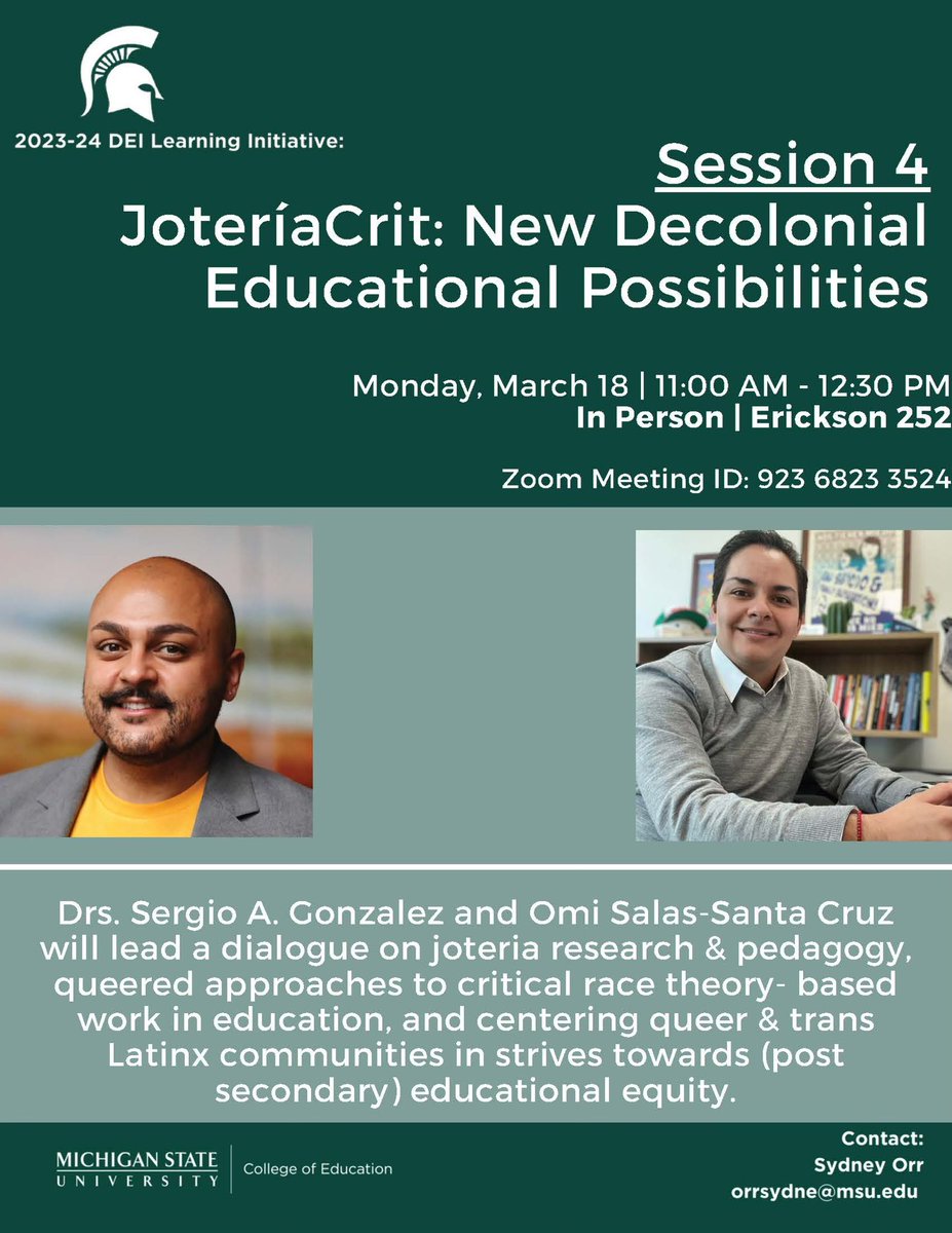 Super excited to be in community with @MSUCollegeofEd and share some JoteríaCrit Dr. @omiwhynot and I have been dreaming up! See y’all next week! 🥹💖 #MSU #Jotería #CRT @DUSchoolofEd Check it out: edwp.educ.msu.edu/event/2023-24-…