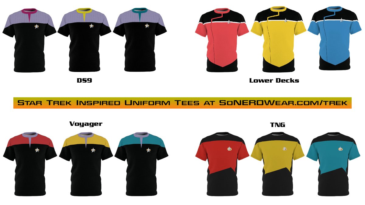 Check out the new Star Trek inspired uniform tees we've got available at <a href="/SoNERDWear/">SoNERDWear</a>. From The Next Gen to the Lower Decks, we've got something for all the trek fans. For the fans by a fan. Me! :D These super lightweight tees are great for TTRPG streaming or binge watching Trek.