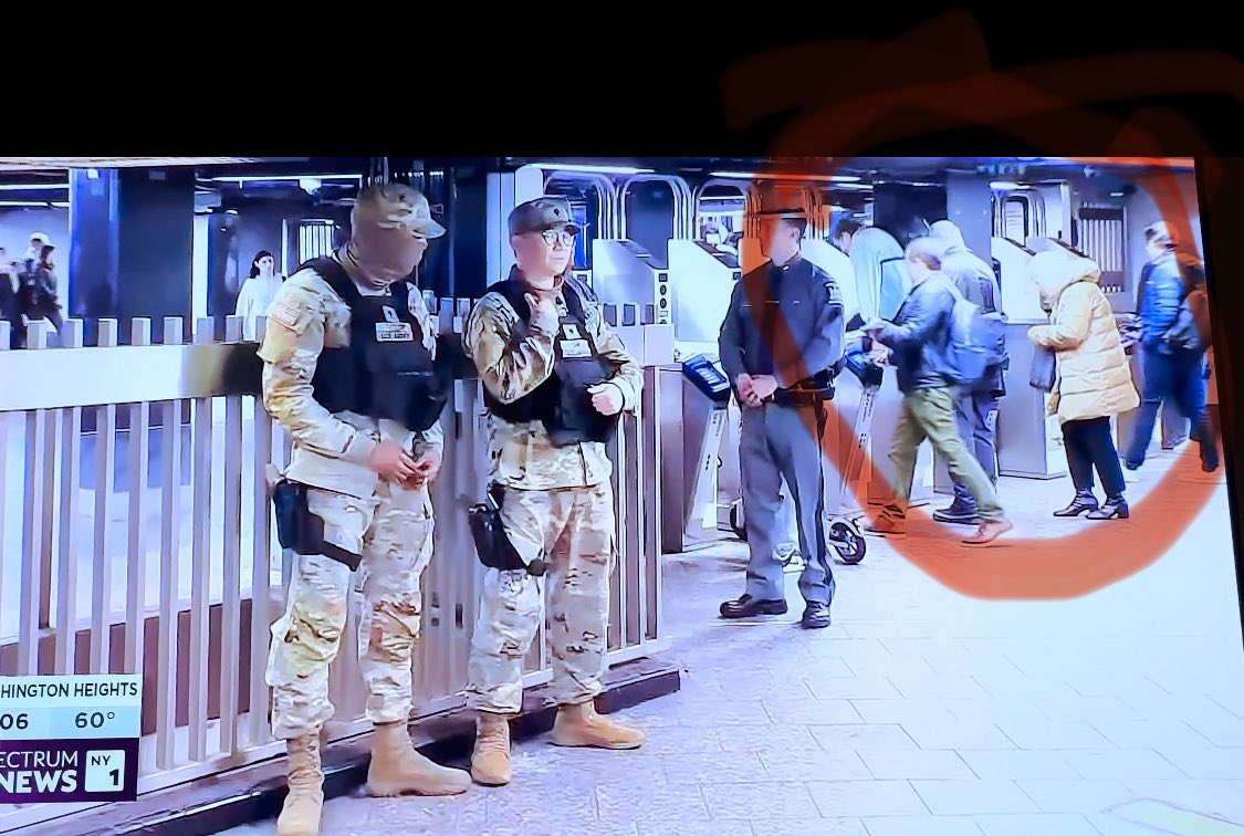errollouis's tweet image. B-roll on @NY1 shows National Guard and State Police standing around while a guy with an unchecked backpack hops the turnstile.  Res ipsa loquitur.