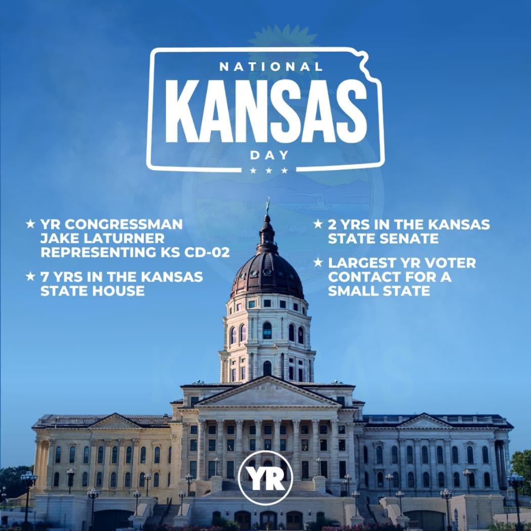yrnational's tweet photo. It’s National #Kansas Day and we’re celebrating the Kansas Young Republicans! 🎉

🇺🇸 YR Congressman Jake LaTurner representing KS CD02
🇺🇸 7 YRs in the Kansas State House
🇺🇸 2 YRs in the Kansas State Senate
🇺🇸 Largest YR voter contact for a small state

#YRsLead #YoungRepublicans https://t.co/6MPkFx4sfU