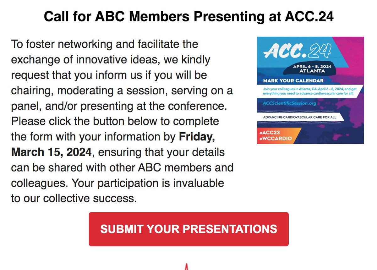 ABCardio1's tweet photo. ATTN #ABCardiomembers Are you presenting at #ACC24? Today is the deadline to submit your info.
Let us know if you are chairing and/or moderating a session, serving on a panel, or speaking/presenting during #ACC24. ABC will share w/ your fellow ABC members: https://t.co/FTnngApz0Q https://t.co/cHqFPnSIHH