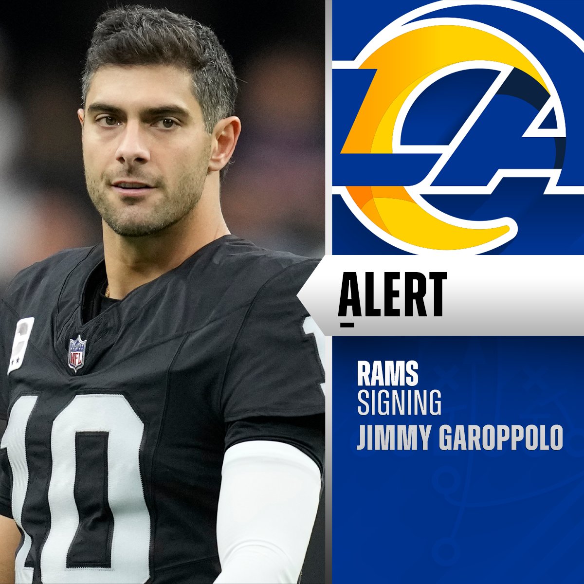 NFL's tweet photo. Rams agree to terms with QB Jimmy Garoppolo on a one-year deal. (via @MikeGarafolo &amp; @PSchrags) https://t.co/ck2klvMtKk