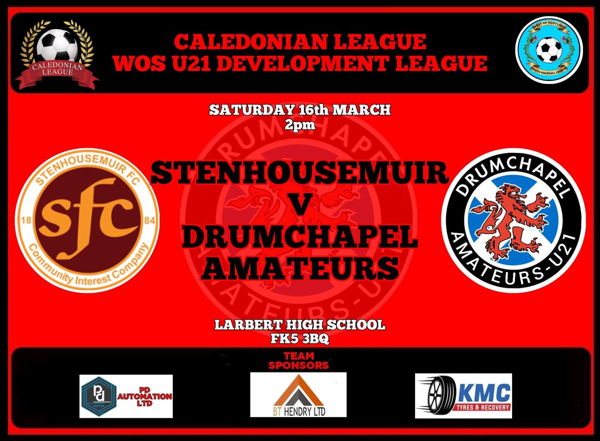 Massive fixture tomorrow, as we look to get the three points that would see us win the league title following an excellent campaign so far.
 
🆚 Stenhousemuir 21’s
🏆 Caledonian 21’s League 
📍Larbert High School, FK5 3BQ
📅 Saturday 16th March
⏰ 2pm KO

#MonTheDrum 🔴⚫️