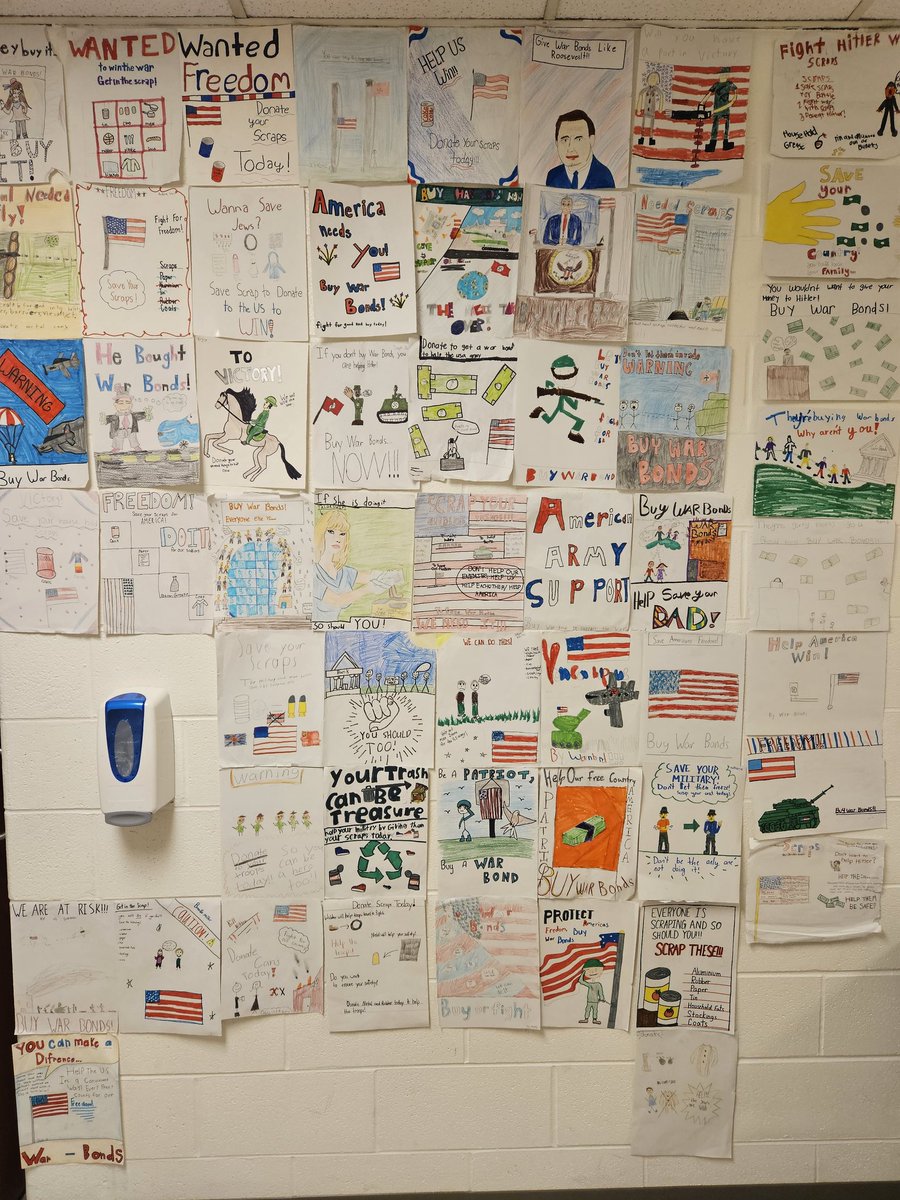 TUrbanski81's tweet photo. #Urbys in SS last week learned about propaganda &amp;persuasive techniques in propaganda This week #Urbys were asked to create propaganda to persuade to buy war bonds or scrap Best pieces were placed on my Wall of Propaganda #ChannahonPride #TRSstudentsRock https://t.co/qhokYbGQpg