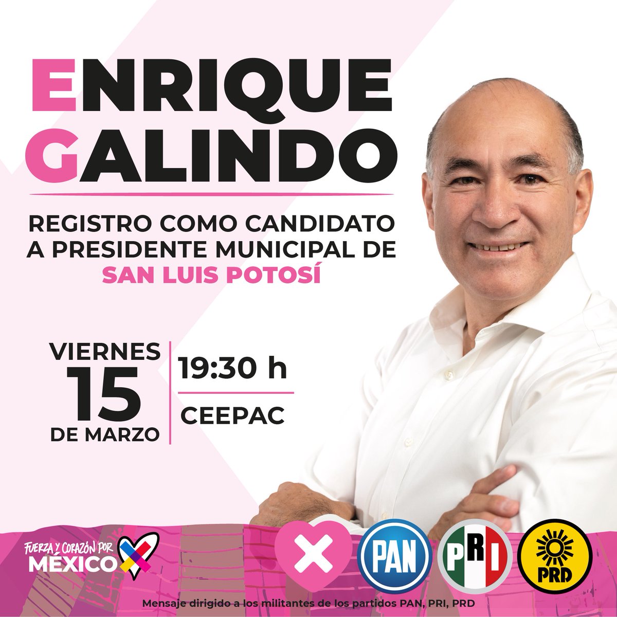 Con gran emoción y esperanza en el corazón, les invito a que me acompañen este viernes 15 de marzo a mi registro como candidato a presidente municipal de la capital potosina por la coalición Fuerza y Corazón por San Luis.

¡Nos vemos a las 19:30 horas en el Ceepac!