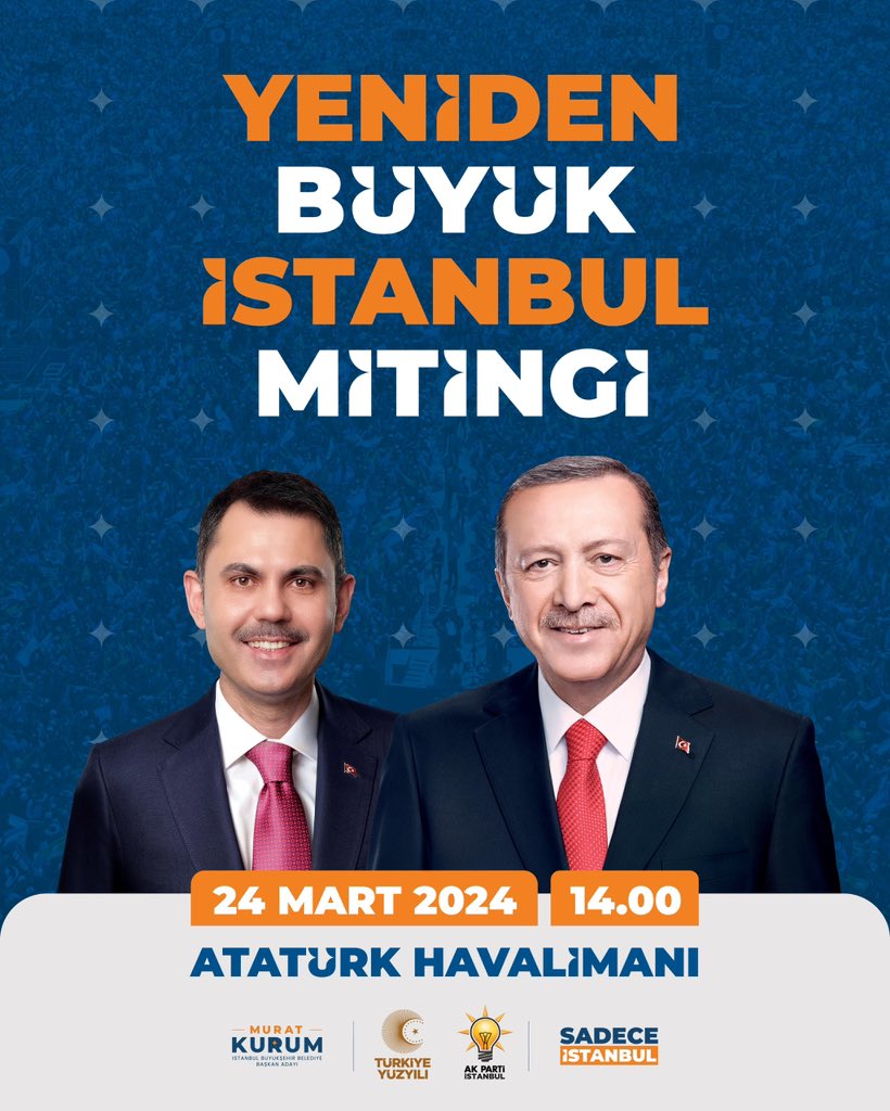 Haydi Başakşehir, haydi İstanbul❗️ Teşkilatımızın her kademesiyle Yeniden Büyük İstanbul Mitingi'nde olacağız. @murat_kurum 🗓️24 Mart Pazar ⏱️14.00 📍 Atatürk Havalimanı