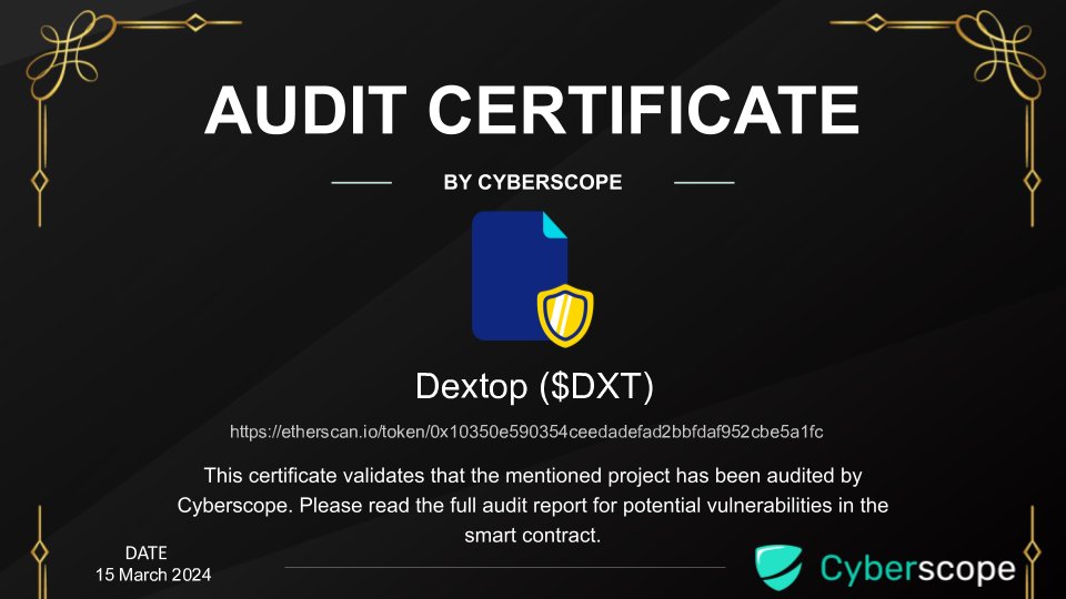 cyberscope_ann's tweet photo. We just finished auditing
 @dextopOfficial

Check the link below to see their full Audit report.
https://t.co/ecPzVcbriJ

Want to get your project Audited?
https://t.co/BpKMpQ6c5z

#Audit #SmartContract #Crypto #Blockchain https://t.co/vnAX3Rnt09