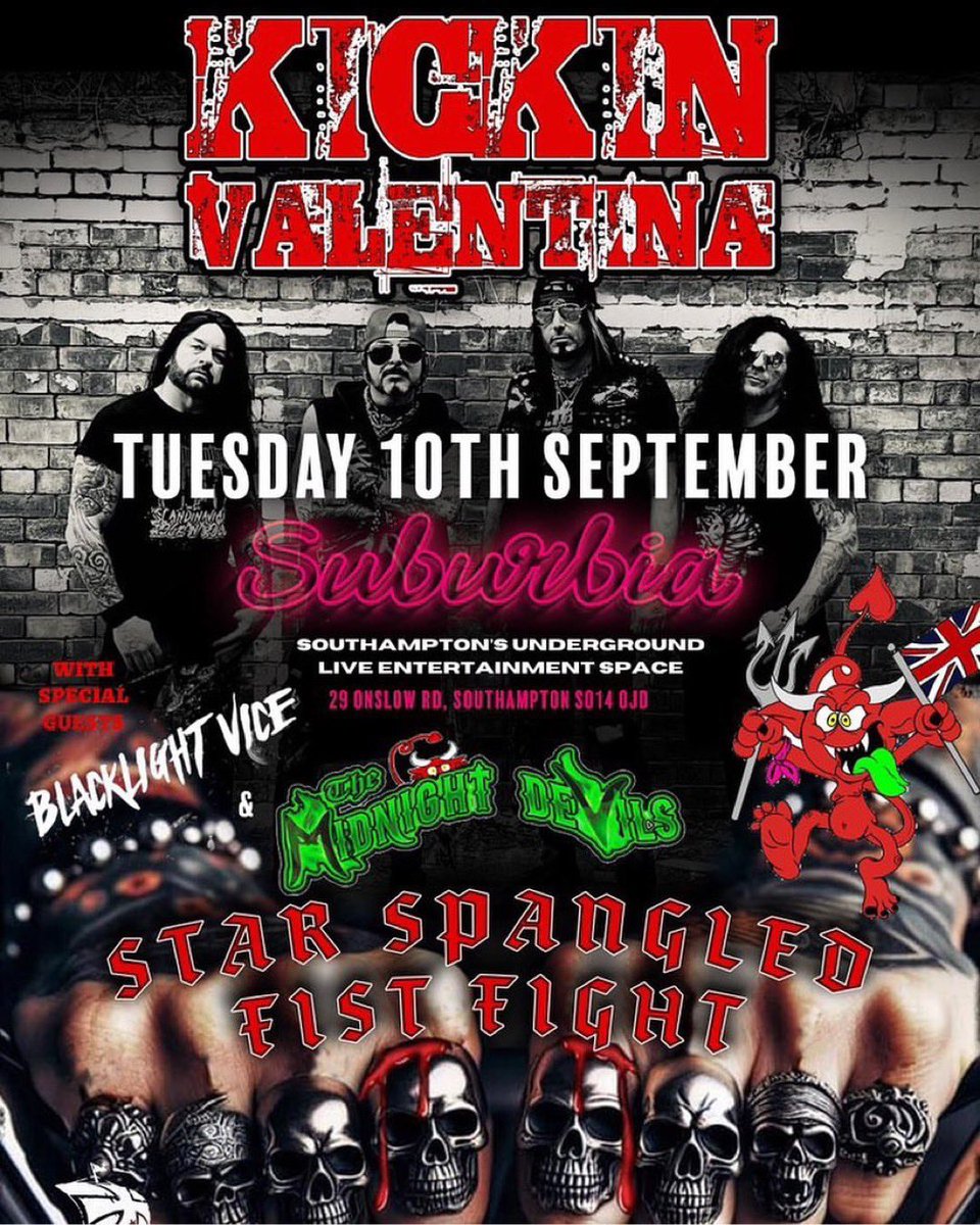 We are stoked to announce that we will be supporting the Mighty American sleaze rockers @KickinValentina on their UK Tour this year! 🇺🇸🇬🇧🤘🏻 Catch us & @MidnightDevils tearing it up at 1 of our favourite venues @suburbiasoton ⚡️SEPT 10th - 7PM⚡️ 🎟️ £10 💀“STAY-FILTHY”💀