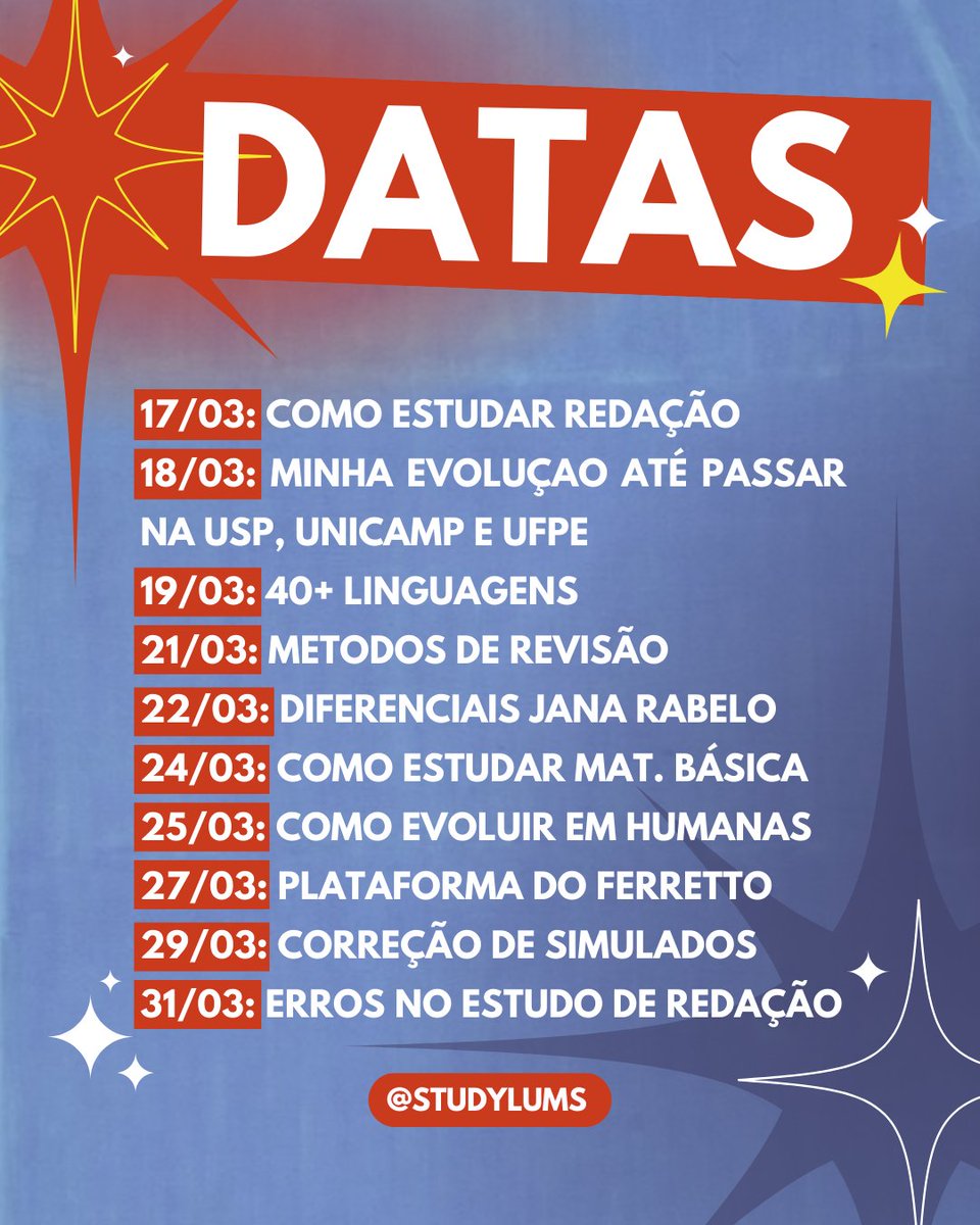 diskluma's tweet image. ㅤ★ ִ ࣪ ۪ PROJETO ENEM DO ZERO!! 

💥 Quer saber tudo que eu fiz pra passar na USP, UNICAMP e UFPE pelo ENEM?? 

Vou compartilhar dicas de forma GRATUITA para ajudar vocês a conquistarem a sonhada aprovação 💌

♡ + ↻ para alcançar mais pessoas
☆ — #studytwt  &amp;amp;  #studytwtbr