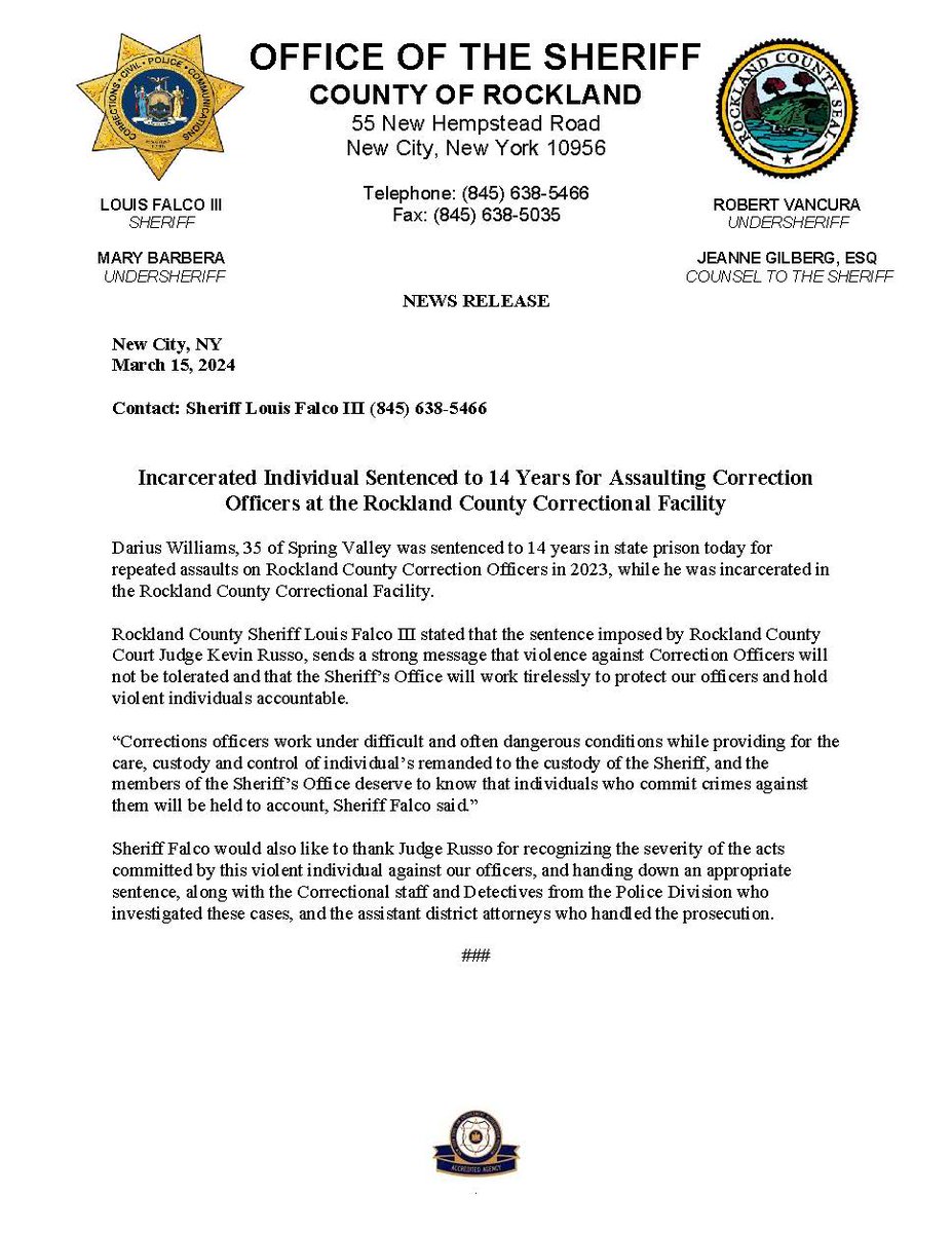 Incarcerated Individual Sentenced to 14 Years for Assaulting Correction Officers at Rockland County Cor... ocv.im/t23ZR9p