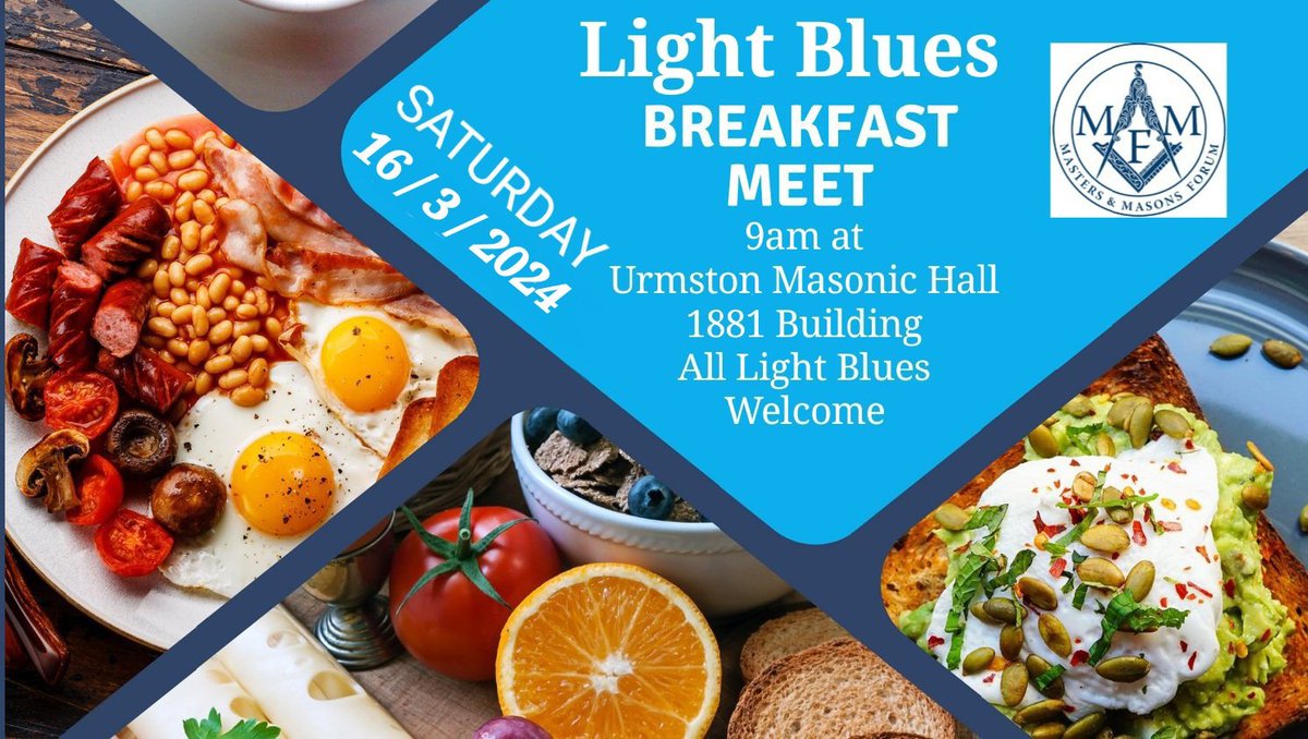 Tomorrow morning, 16/03/24, 9am, is the Light Blues breakfast at Urmston Masonic Hall where our Light Blues get to chat with Senior brethren over a deliciously cooked breakfast & ask questions, advice & learn more about their Masonic journeys. All brethren welcome! @WestLancsPGL