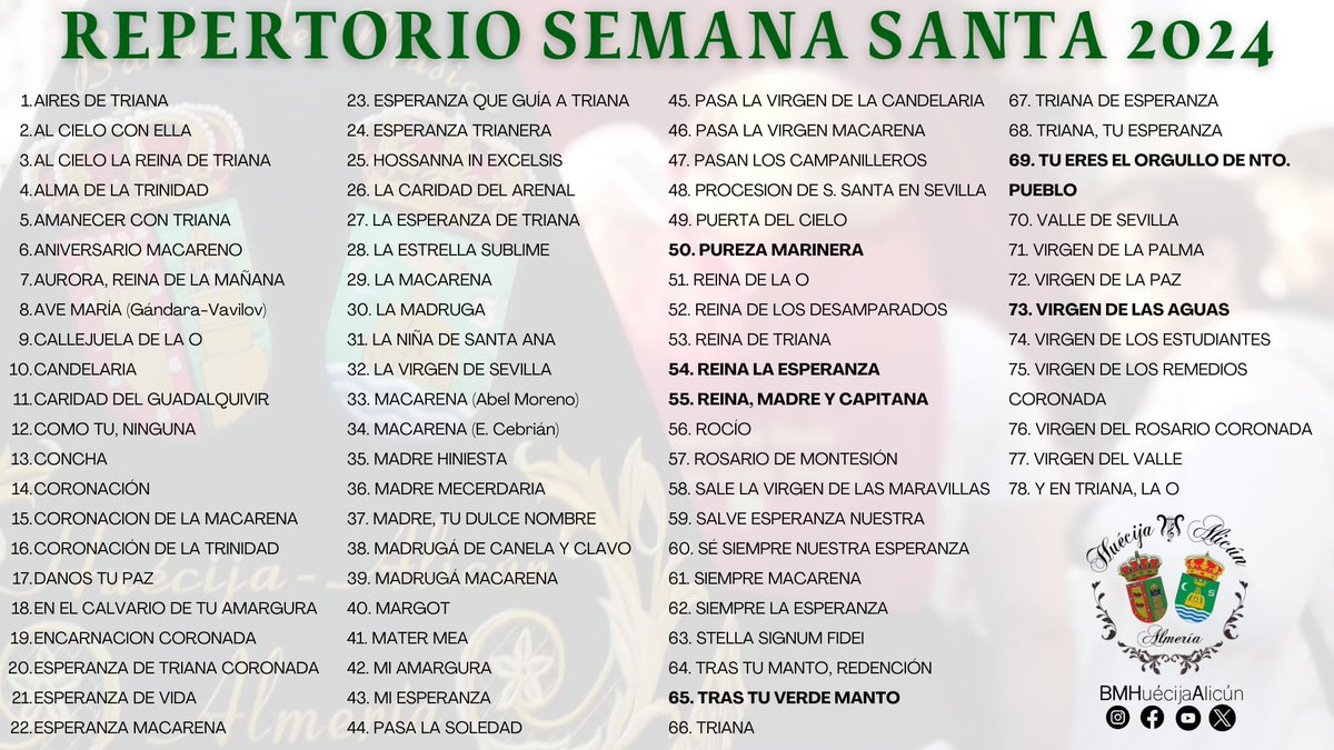 BMHuecijaAlicun's tweet photo. 🎶𝐑𝐄𝐏𝐄𝐑𝐓𝐎𝐑𝐈𝐎 𝟐𝟎𝟐4| En el penúltimo viernes de esta #Cuaresma2024 os presentamos el repertorio que hemos seleccionado, junto a las cofradías que acompañamos y que interpretaremos tras nuestras sagradas titulares 🎶🥁🎺🎷🪈

#BMHA2024 #SSanta2024 #bandasalmeria https://t.co/ueIQ89TXpv