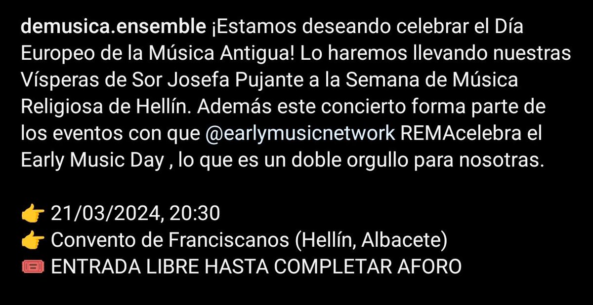Vísperas de Sor Josefa Pujante -  Semana de Música Religiosa de Hellín

👉 21/03 20:30
👉 Convento de Franciscanos (Hellín)

@EarlyMusicDay 
#sorjosefapujante #demusicaensemble #XVaniversarioDeMusicaEnsemble #15añosdeDeMusica #REMA #EarlyMusicDay 

earlymusicday.eu/edition/2024/