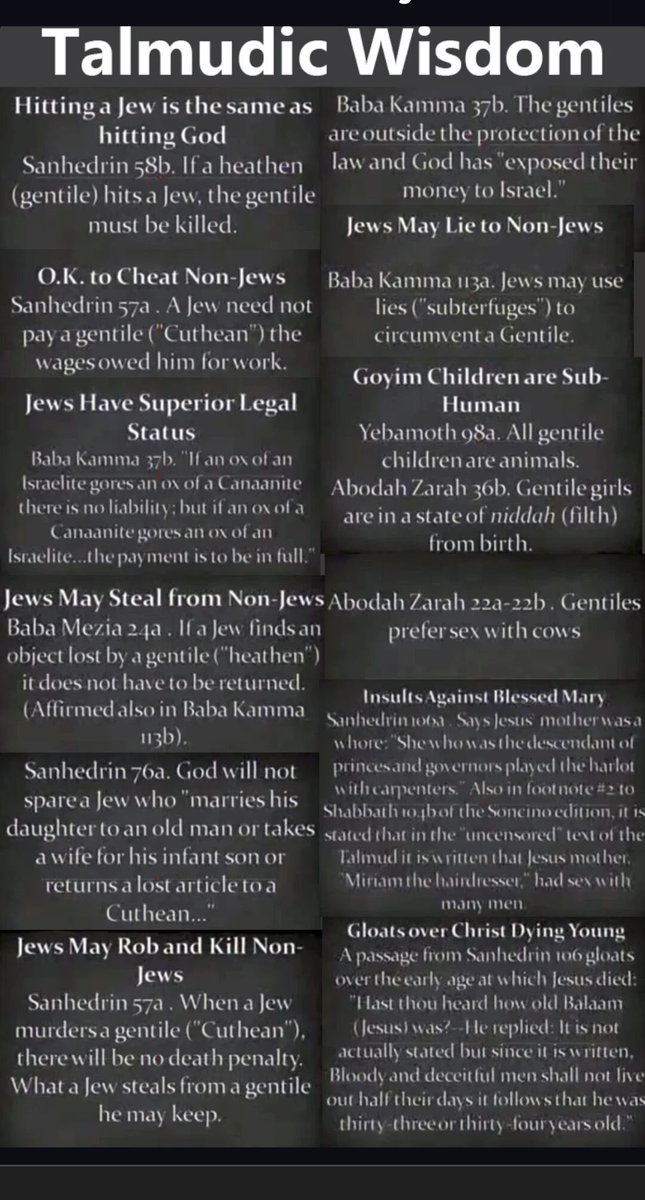 LetsGoBrando45's tweet image. Zionists follow the Talmud. It has nothing to do with the Torah. The Talmud is a series of political writing by the people who call themselves ‘Jews’ instructing them to enslave humanity.

It is forbidden to share the Talmud’s teachings with the Goyim. The below are accurate…