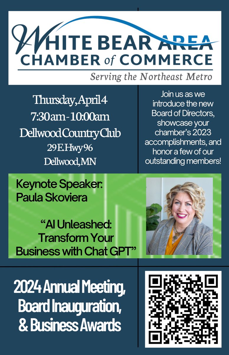 Join us our Annual Meeting, Inaugural &amp; Business Awards at Dellwood Country Club on April 4th! “AI Unleashed: Transform your Businesd with Chat GPT” Register today! chamberorganizer.com/members/evr/re… #whitebearchamber