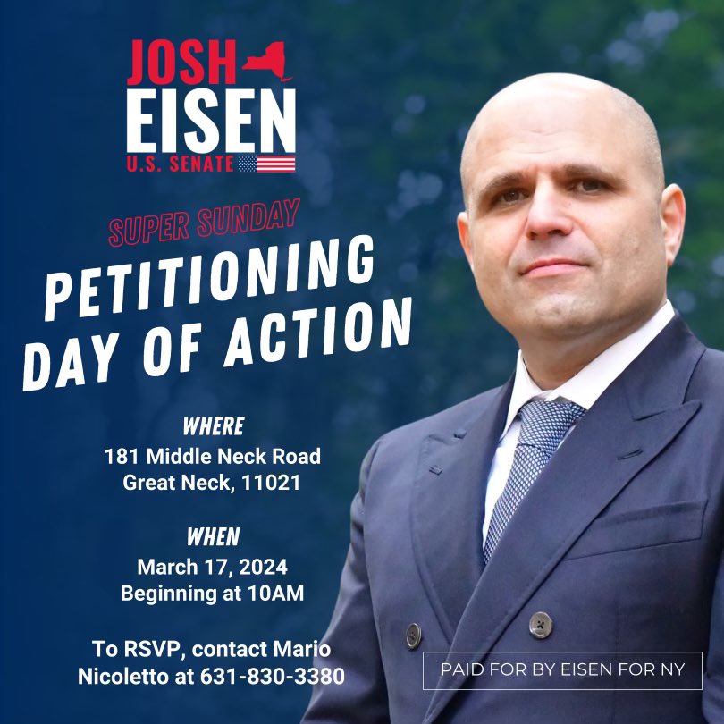 🚨MEET UP AT 181 MIDDLE NECK ROAD GREAT NECK 10am! Sunday March 17! 🚨 Volunteer and help candidates get petition signatures. If we don't help them they can't get on the ballot And the Democrats win. SHARE @NYYRC @Stef4NewYork @GavinWax @JoshEisenNY