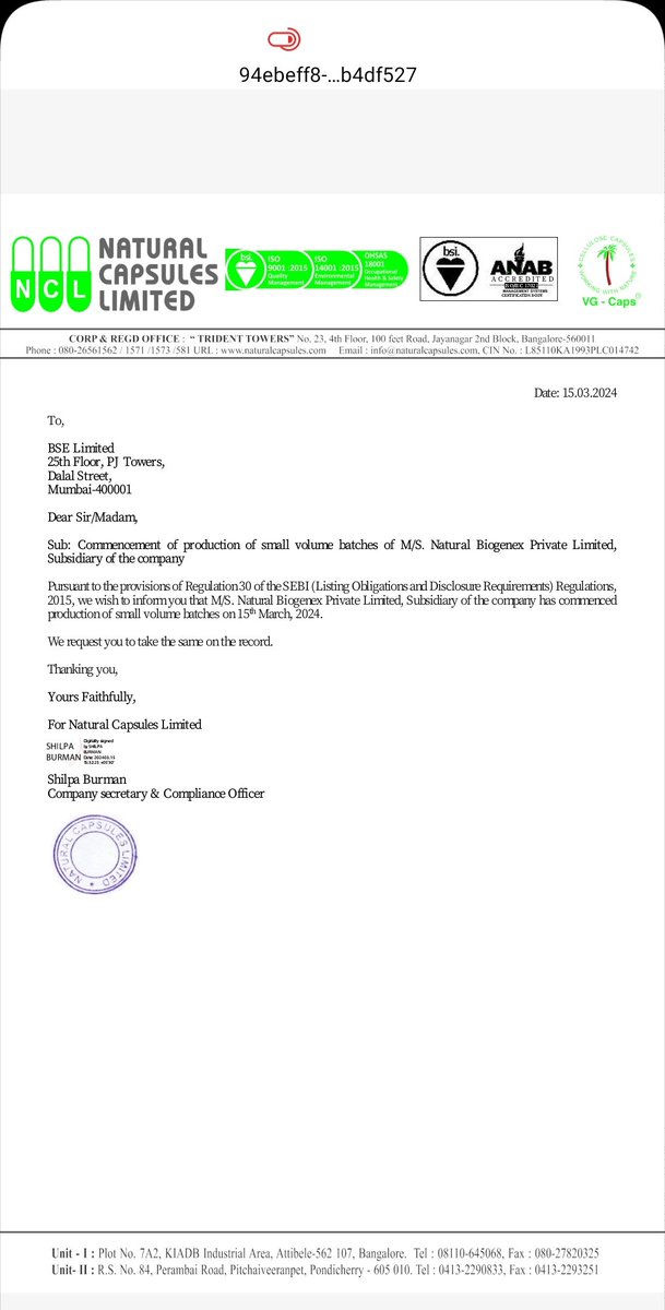 AvijitGanguly01's tweet photo. #NATCAP started production of small volume batches of M/S. Natural Biogenex Private Limited
A Subsidiary of the company
Keep it in ur watchlist 🤞🏻
#Naturalcapsule #Pharma https://t.co/oj8igzQ2Ro