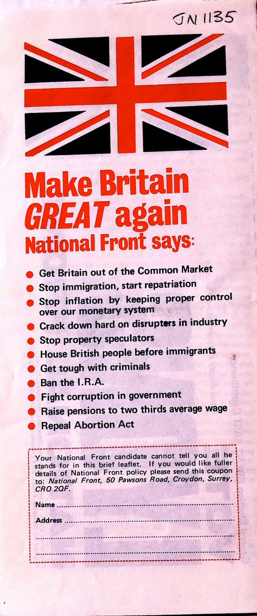 JasonPedlow's tweet image. This is the National Front's manifesto from the 1970's. 

Overall, I reckon it's less right wing than the current conservative party. At least they wanted to raise pensions.

The NF was always considered a far right hate group, but they'd be considered too woke for the Tories.