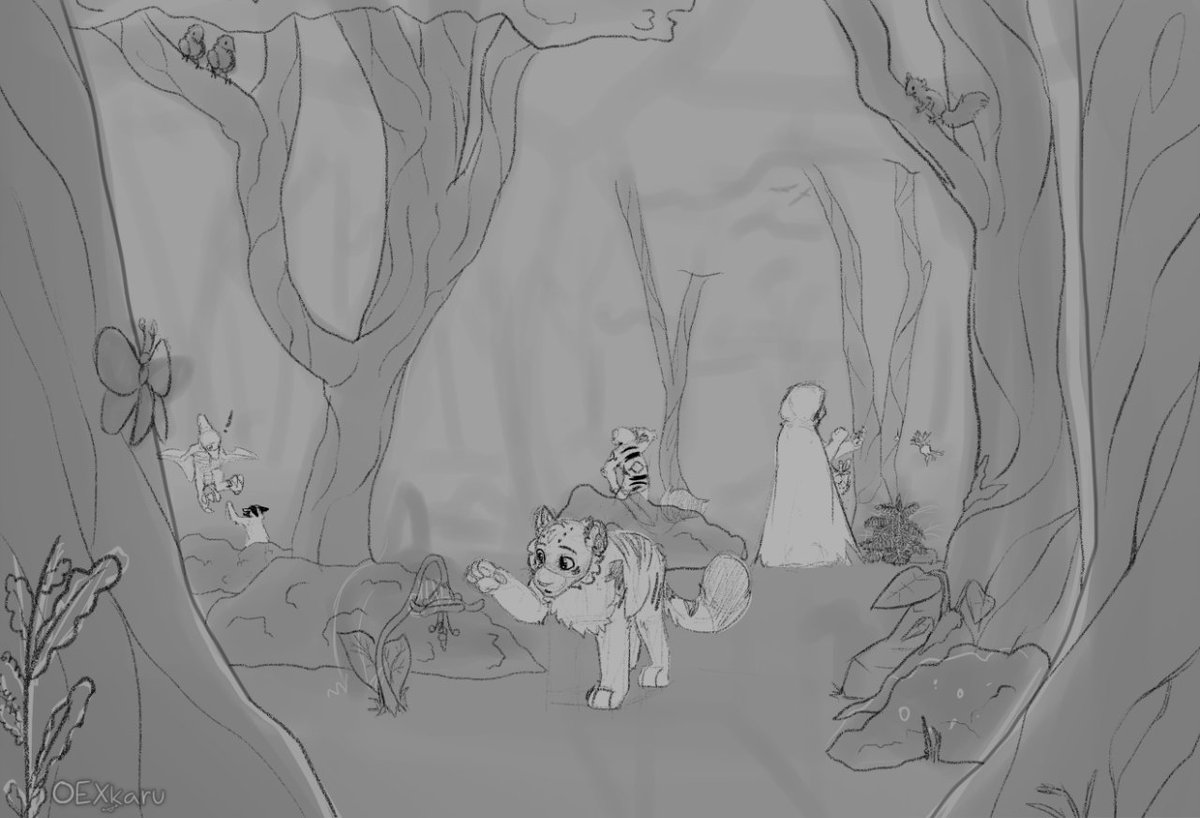 OEXkaru's tweet photo. Trying to get back to drawing BGs!
Haven’t done a non-snowy one so far since I’m kinda intimidated by the amount of plants and stuff but I’ve decided to try it out anyway I feel like

I didn’t really do much for 2.5 hours into this ;-;
#Oscar #Paradactyl #Katari #Tigeress #sketch https://t.co/Ibr3Tbcywg