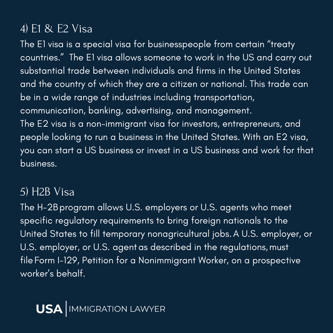 5 most common temporary visas. 
#USAIL #L1Visa #TNVisa #H1BVisa #E1Visa #E2Visa #H2BVisa #USWorkVisa #ImmigrationLaw #SpecialtyOccupations #NonimmigrantVisa