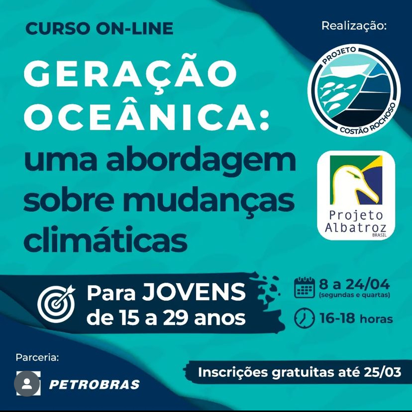 Alô juventudes! Não percam a oportunidade de participar do nosso curso sobre mudanças climáticas realizado em parceria com o @ProjetoAlbatroz Mais informações no link: lnkd.in/de6yt3sr @petrobras