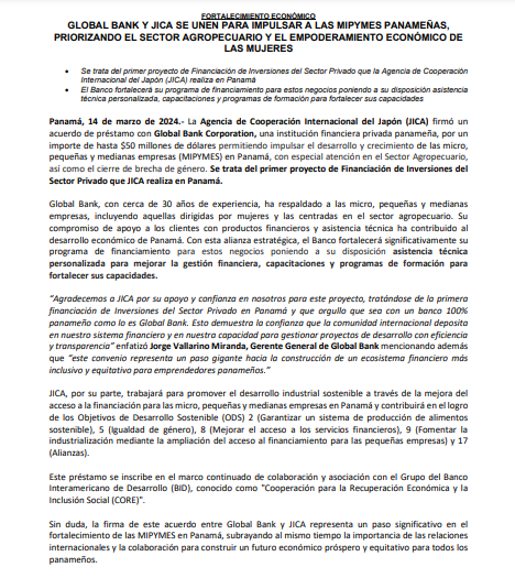 panamaendirecto's tweet photo. La Agencia de Cooperación Internacional del Japón (JICA) firmó un acuerdo de préstamo con Global Bank Corporation, por un importe de hasta $50 millones de dólares permitiendo impulsar el desarrollo y crecimiento de las micro, pequeñas y medianas empresas (MIPYMES) en Panamá, con especial atención en el Sector Agropecuario, así como el cierre de brecha de género.

Se trata del primer proyecto de Financiación de Inversiones del Sector Privado que JICA realiza en Panamá.

#PanamaEnDirecto