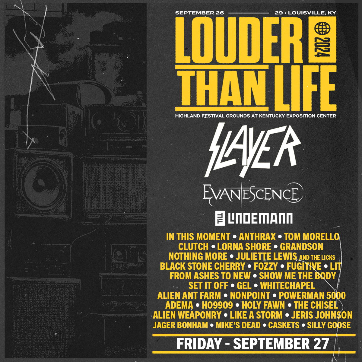 Get ready to unleash your inner demons at Louder Than Life! Friday’s lineup is stacked with the legends of rock and metal, featuring @Slayer, @evanescence, @OfficialITM, and a host of other incredible acts. Don’t miss your chance to experience the ultimate day of music and