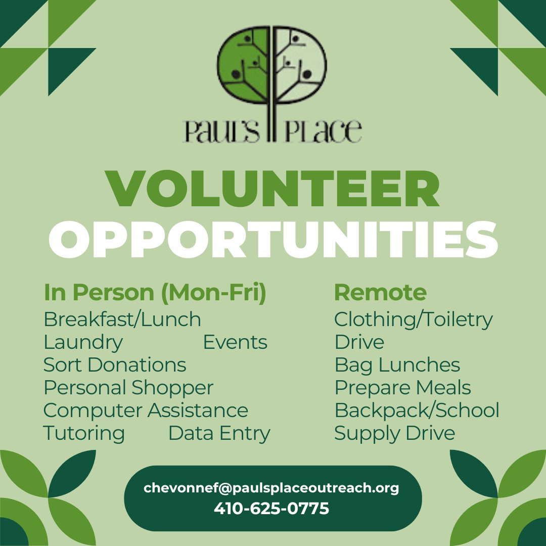 Call for volunteers! @PaulsPlace21230 has long-and short term opportunities for everyone! Contact Chevonne Francois to get involved. @JHUNursing @HopkinsMedicine @JohnsHopkinsSPH