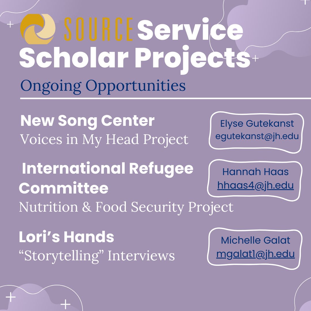 Check out these volunteer opportunities with our SOURCE Service Scholars' projects! Get involved with ongoing, one-time, and virtual work at partner organizations. Be sure to contact the scholar if you're interested in participating! @JHUNursing @HopkinsMedicine @JohnsHopkinsSPH