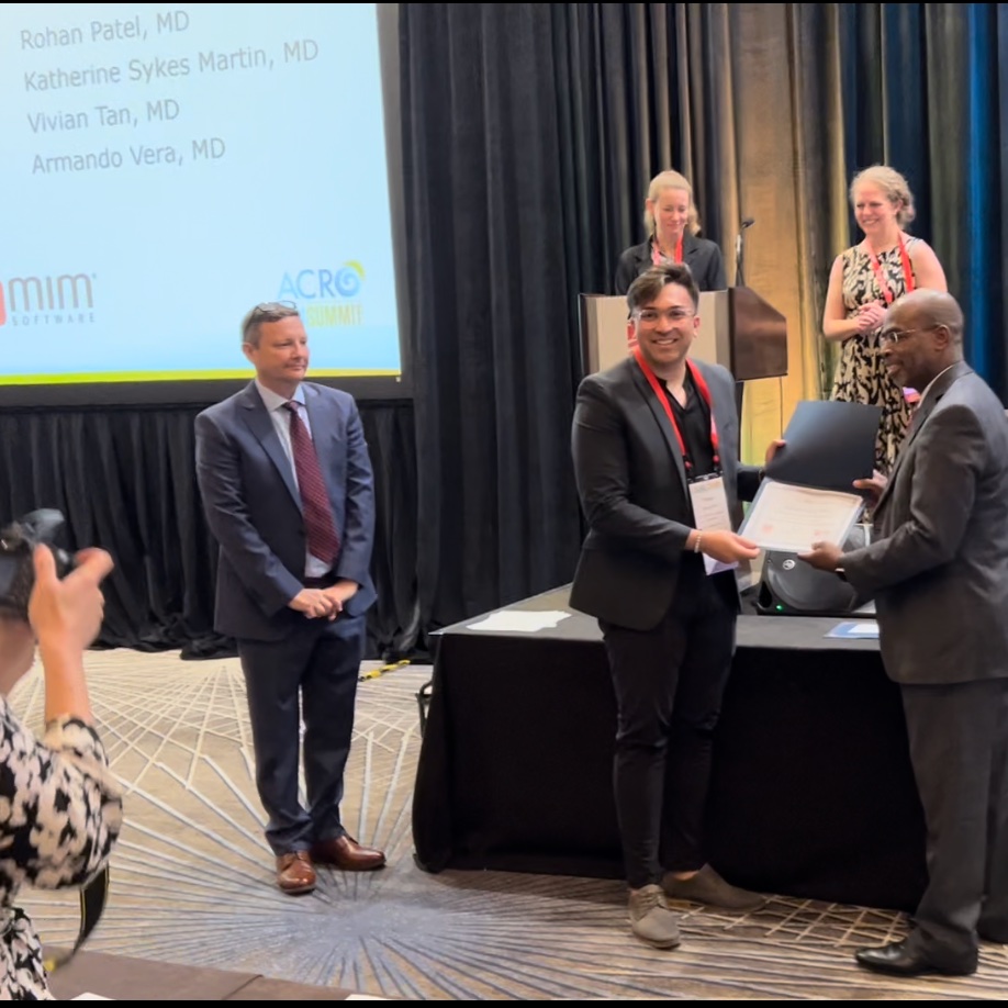 Extremely proud of our own stud 
@RadOncUH resident Dr. @RohanPatelMD for receiving his @ACRORadOnc @eContourRadOnc @mimsoftware Travel Award for his mentored work on postoperative spine #SBRT! #ACRO2024 #KillCancer #Radiosurgery
