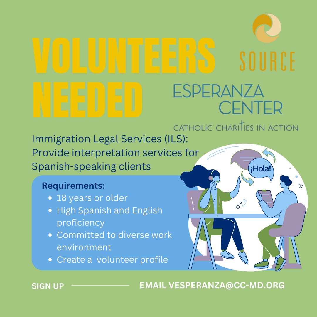 Esperanza Center is seeking volunteers for their Immigration Legal Services interpretation team! If you have high proficiency in both English and Spanish, email to get involved. @JHUNursing @HopkinsMedicine @JohnsHopkinsSPH