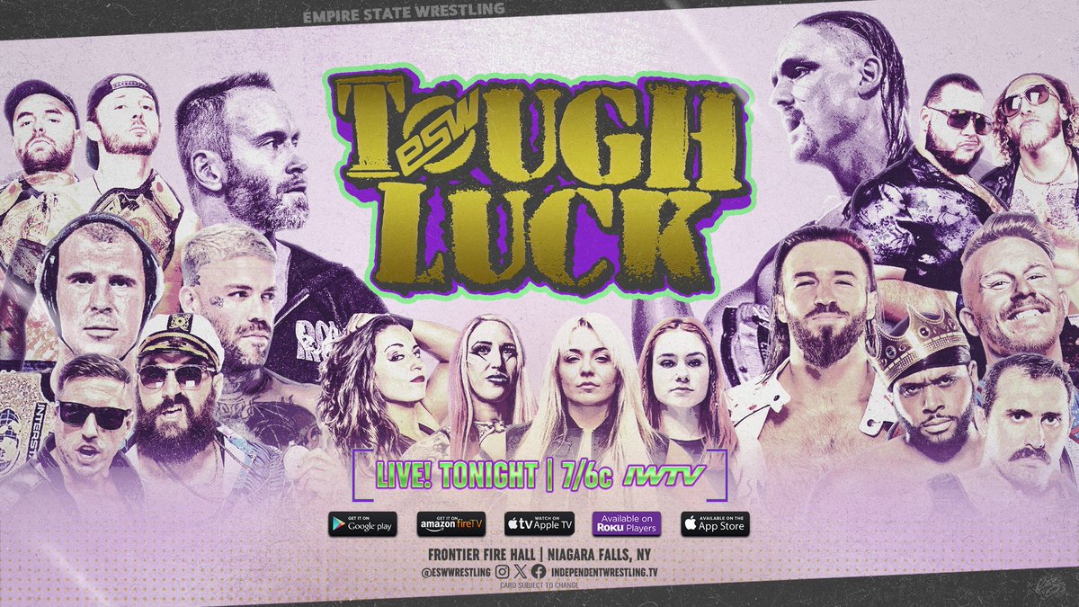 Join us at 7 for #ESWToughLuck live on IWTV.live • Honoring memory of @Anthony__Gaines • @BigBillCollier v @GregoryIron • @sladewrestler v @Sean_Legacy1 • CXR v PME • @blkwdxvx v @TheJasonHotch • @CourageousCM/@haleydylan_ v @TheKtArquette/@_AdenaSteele +MORE