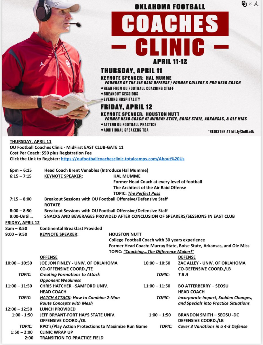 Look forward to seeing each staff at the OU Football Coaches Clinic. April 11-12. 
Great lineup of speakers. Get signed up today.
