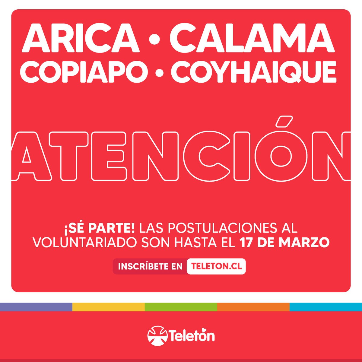 ¡Atención #Arica, #Calama, #Copiapó y #Coyhaique! Queda poquito para que se cierren las postulaciones al @voluntariadoteleton ❤️ Postula en bit.ly/voluntariadote… 🤩 Nuestro compromiso con la rehabilitación es ¡#TodosLosDías! 🦾❤️