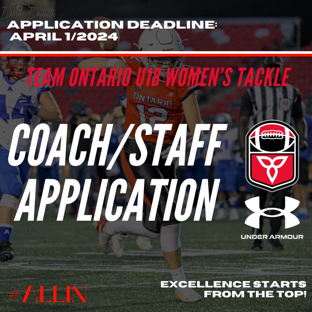 We are excited to announce that we have been granted the opportunity to send 2 teams to the 2024 U18 Women’s Tackle National Championship! We are now accepting applications for a variety of roles with the U18 Tackle Program for 2024. More: footballontario.net/2024/03/15/foo… #ALLIN…