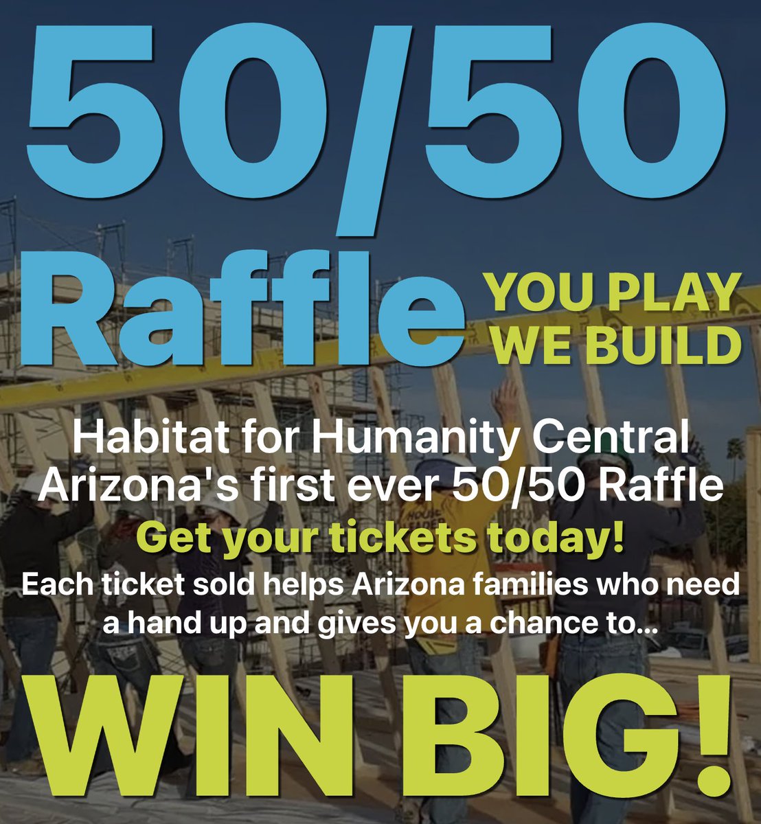 habitatcaz's tweet photo. Habitat for Humanity Central Arizona’s first ever 50 / 50 #Raffle benefiting #Arizona families, seniors, veterans, and single parents in need of affordable housing. 🎉💙🏡

🎟️👉 https://t.co/h16nZm9h5d 

#HabitatForHumanity #AffordableHousing #GiveBack #SupportOurCommunity https://t.co/ntXEgnpnDq