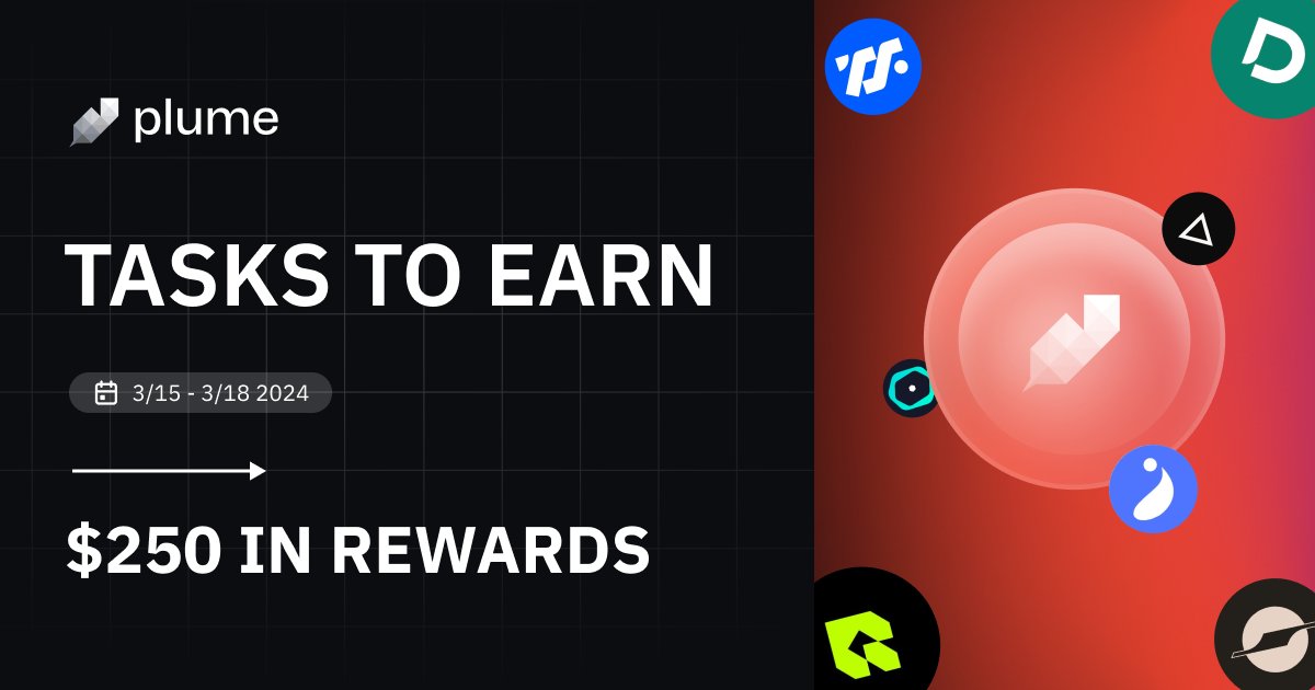 Join the "Tasks to Earn" Campaign with Plume Network!

We're reshaping the future of asset tokenization on the blockchain, and we want YOU to be a part of it!

Participate in our exclusive "Tasks to Earn" campaign and earn a share of the $250 prize pool while spreading the word