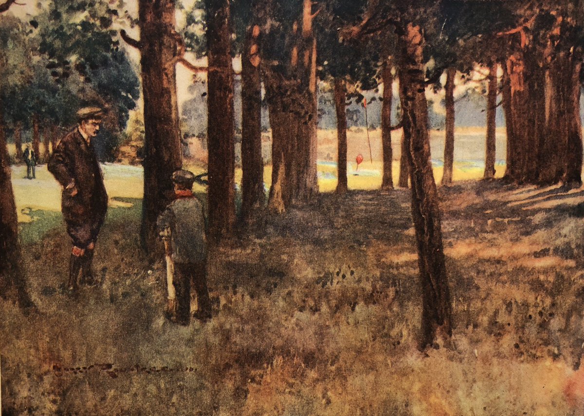 More Rountree art. The result of a bad slice at the sixth at Mildenhall (aka Royal Worlington & Newmarket GC). Almost certainly it is Darwin with the problem in the trees. #golfart #darwin #golfhistory