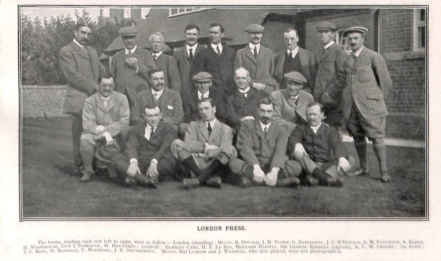 A recently uncovered photograph of the London Press Golfing Society pre-WW1 with Bernard Darwin middle row centre and Harry Rountree standing far right. Only existing image with both? Also includes Emsley Carr, George Riddle and A C M Croome. #golfhistory #darwin