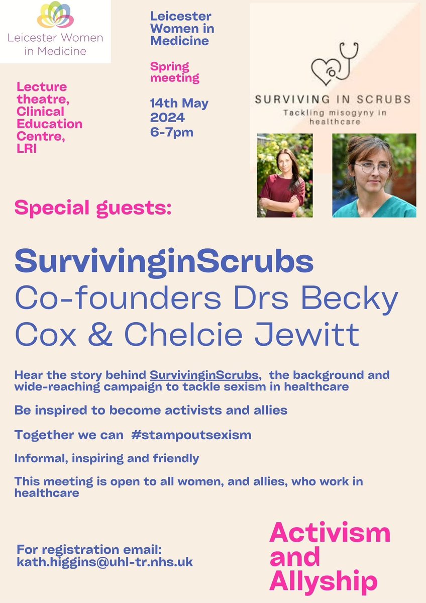 📣 Excited to announce our Spring 2024 meeting with @ScrubSurvivors 
#activism #allyship 
#stampoutsexism
Open to women &amp; allies who are students or work in healthcare in LLR 💙
Register via email in flyer ✉️